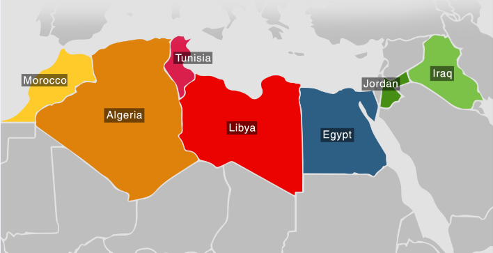 A map of the Middle East and North Africa with project countries in focus