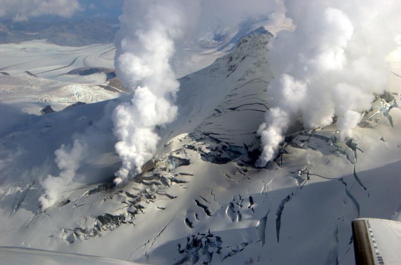 Fumaroles on the west side of Fourpeak Volcano. Photo by Cyrus Read, courtesy of AVO/USGS