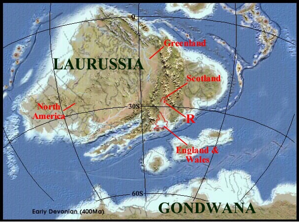 Palaeogeographical map of Laurussia or the 'Old Red Continent' during the Early Devonian around 400Ma. At this time the Rhynie area (R) was situated approximately 28o south of the equator (Copyright owned by Dr Ronald Blakey, Northern Arizona University).