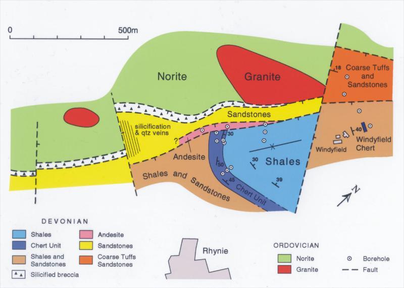 Simplified geological map of the area north and west of Rhynie village