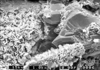 SEM image of diagenetic cements in a sandstone from the Rhynie chert sequence. This shows platy grain-coating chlorite-smectite clays (left and below) with later diagenetic quartz crystals (center and above) infilling a void or 'pore space'  between detrital mineral grains.