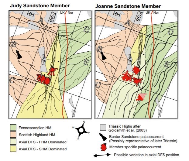 Schematic depositional systems produced using palaeocurrent measurements, facies analysis, heavy mineral analysis and DFS models. Judy Sandstone Member systems show an axial DFS pinned in the Central Graben region by lateral DFS sourced from Scottish and Fennoscandian highlands. The Joanne Sandstone Member systems show an increase in dominance of the Fennoscandian eastern-sourced DFS and a decreas