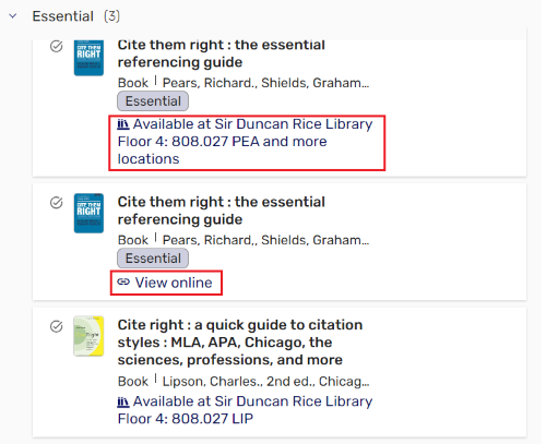 Screenshot of two titles in Leganto. One is a physical book and as the availability and location highlighted in a red box to indicate this, the other is an ebook and has a read box around  the words