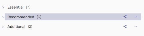 A screenshot of sections within the Leganto system. There are three sections - Essential, Recommended, and Additional - and each section has a bracket with a number beside,
