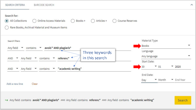 Example of advanced search using three different keywords. The keywords are: avoid* AND plagiaris*, referenc*,