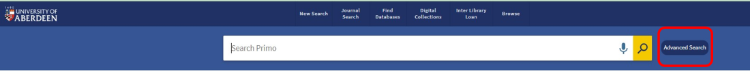 Screenshot of single search box in Primo with red rectangle around Advanced Search option