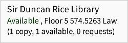 Screenshot of Primo indication for print book availability. Gives information about the location (Sir Duncan Rice Library) Available, Floor 5, shelfmark, and number of copies available.