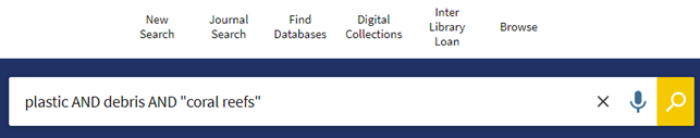 Screenshot of Primo single search box. Featured search is: plastic AND debris AND