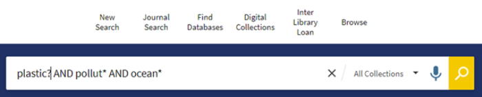 Screenshot of single search screen in Primo. Featured search is plastic? AND pollut* AND ocean*