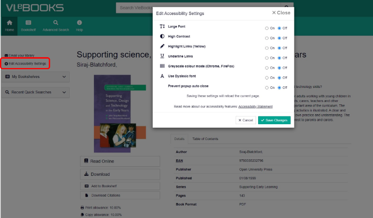 Back to book details page on VleBooks: Edit Accessibility Settings options is circled in red.