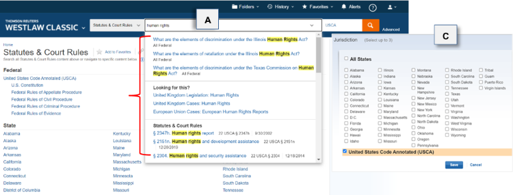 Screenshot of the U.S. Statutes search page, highlighting the search suggestions pop up box and the Jurisdiction options.