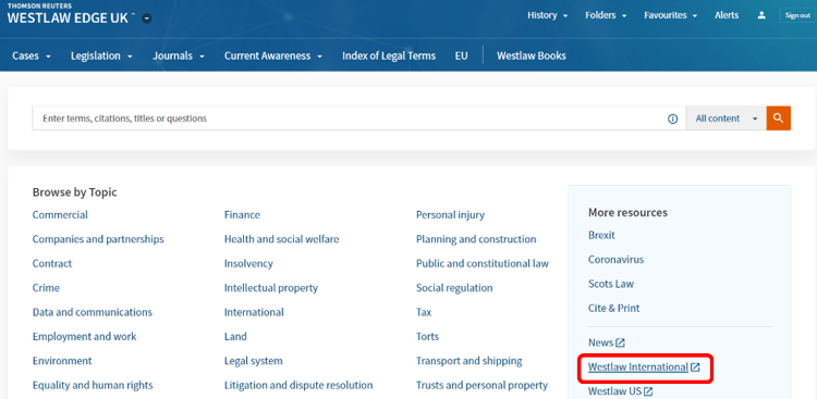 Screenshot of the Westlaw UK homepage with the Westlaw International link highlighted.