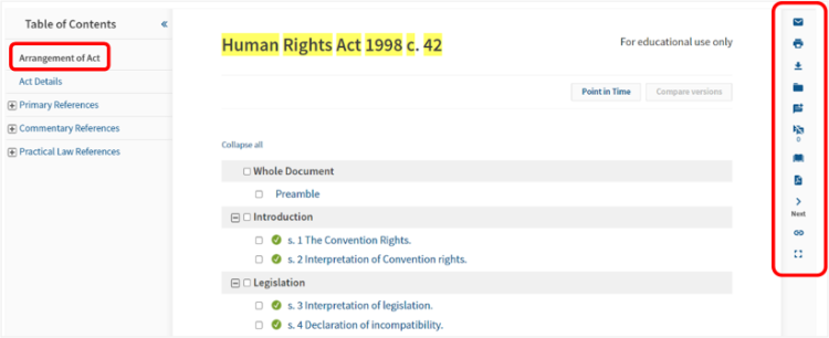 Screenshot of the Human Rights Act 1998 c.42 open on the Arrangement of Act page, with the saving options highlighted on the right side of the page.