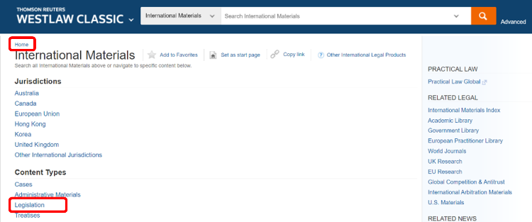 Screenshot of the International Materials homepage with legislation highlighted under Content Types.
