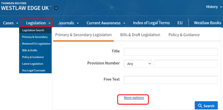 Screenshot of Westlaw UK legislation search page with the legislation tab and 'More options' link highlighted.