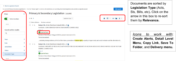 Screenshot of a Legislation Search results page with the filtering and saving options highlighted.