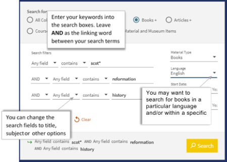 Screenshot of Primo advanced search screen with multiple keywords in search boxes.