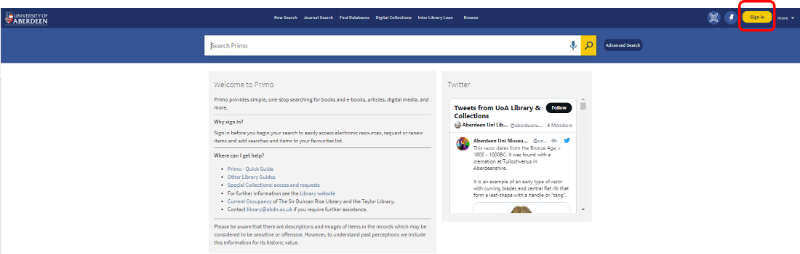 Screenshot of Primo landing page, featuring single search box. The sign in option in the top right corner is circled in red.