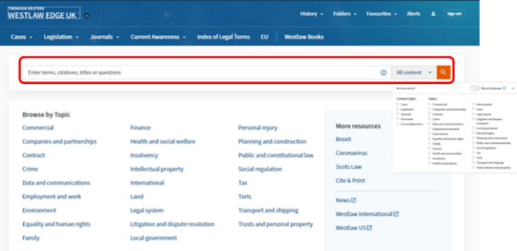 Screenshot of Westlaw UK homepage with the search bar highlighted