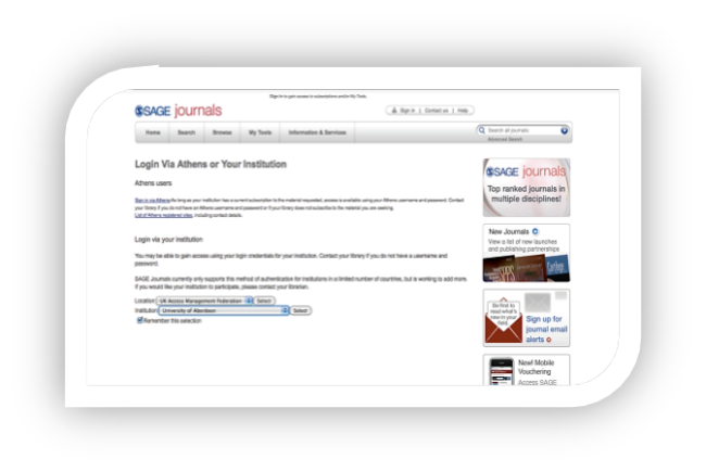 Screenshot of institutional login in SAGE journals database. Displaying UK Management Federation Access and University of Aberdeen sign in options