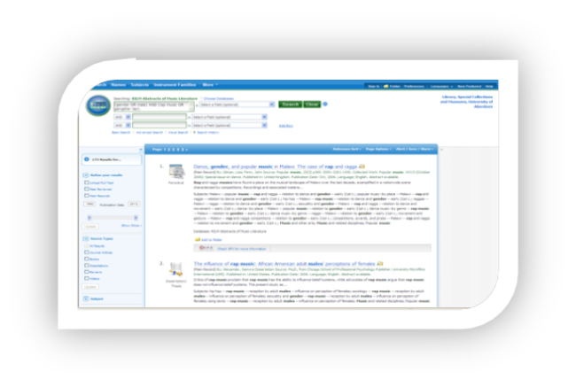 Results screen on EBSCOhost database. Two results are displayed with the titles in blue and the abstracts underneath in black. Options to refine the search are listed on the left.