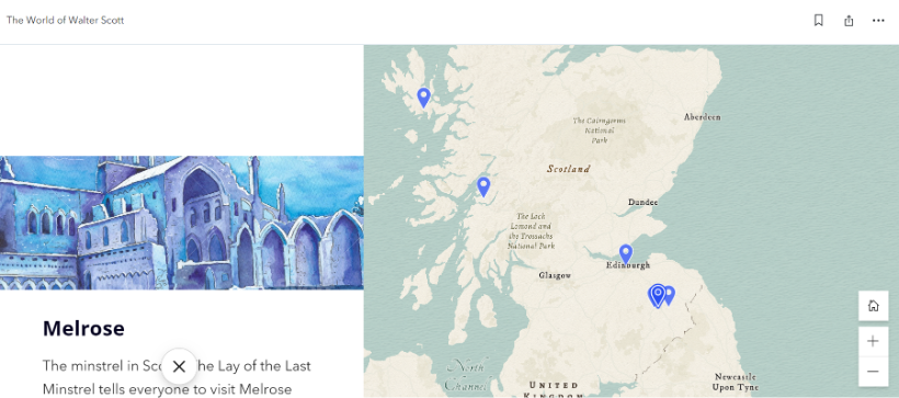 A map with place pins on it. One, Melrose, is selected. Alongside the map, there is a picture of Melrose Abbey and a couple of sentences about it.