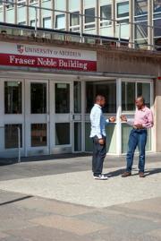 Students in front of the Fraser Noble Building