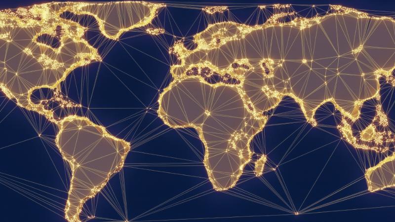 A world map shows lines connecting different cities and continents