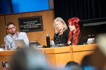 Jasmine Millington, Catriona Cunningham and Steve Tucker in King's College Auditorium