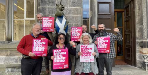 Group of Aberdeen UCU committee members and department reps holding UCU rising campaign signs