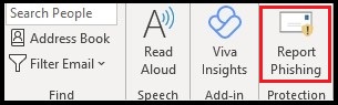 Report phishing button on Outlook ribbon in 'Protection' group.