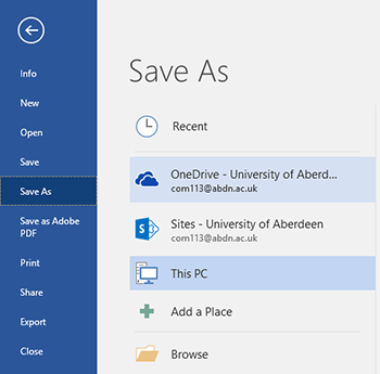 OneDrive for Business save option from MS Office applications on University managed devices