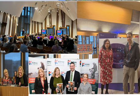Collage of photos of researchers, clinicians and people living with kidney disease attending a Scottish Parliamentary event.