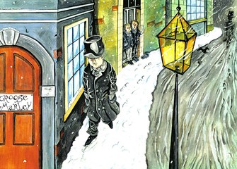 Illustration of Scrooge walking through snowy streets towards his office