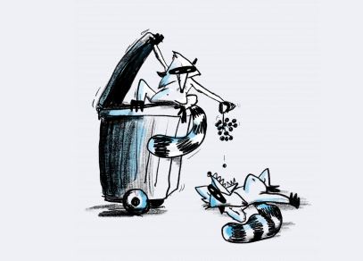 Drawing of two raccoons taking grapes from a wheelie bin