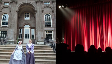 image of two people in historical costumes and of a theatre stage