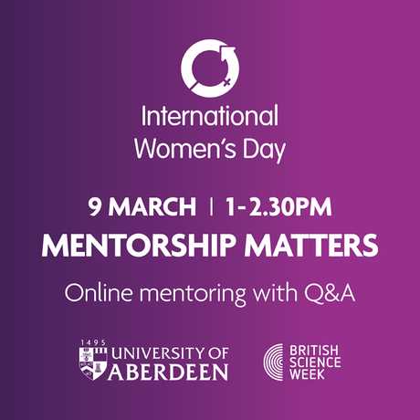 white IWD logo on a purple background with date, time and event title in text underneath then University logo and british science week logo