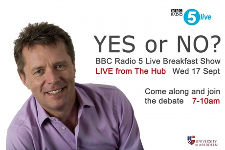 Nicky Campbell to host BBC Radio 5 Live special student Independence Referendum debate breakfast show at The Hub