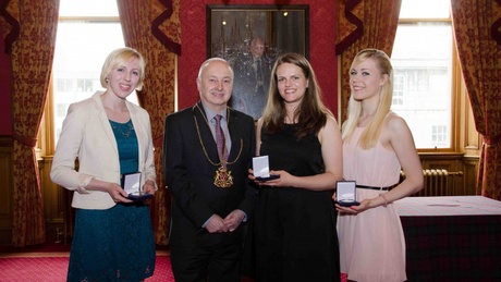 (L-R) Natasha Ross, Cllr George Adam, the Lord Provost of Aberdeen, Alexandra Gherghinis and Rebecca Walker | Photo: Aberdeen City Council