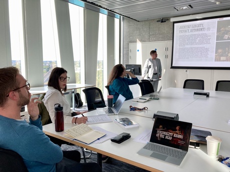 Dr Jonathan Ainslie presenting at the 'Death and Law' Workshop with Dr Jevremovic and Dr MacPherson in attendance