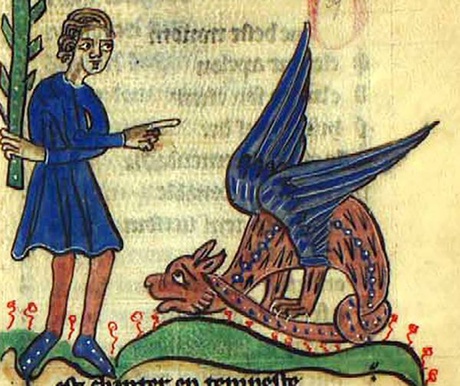 A medieval picture of what appears to be a man in a blue tunic scolding a little dragon while holding a big leek