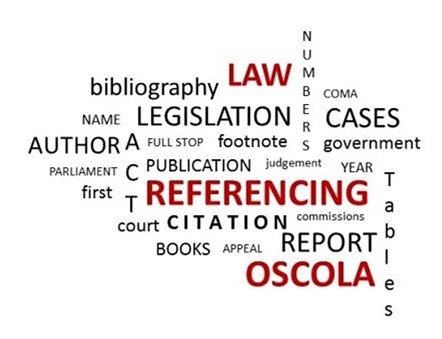 Image shows a tag cloud with words relating to law referencing citing OSCOLA referencing style
