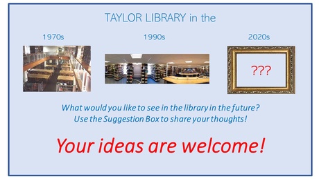 Image shows a poster with old photos of Taylor Library and the poster reminds student that they can share ideas with Taylor staff regarding space transformation