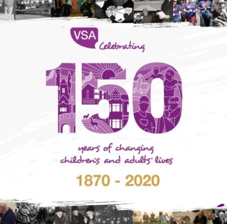 Logo  with purple wording - VSA Celebrating 150 years of changing children's and adults' lives 1870-2020