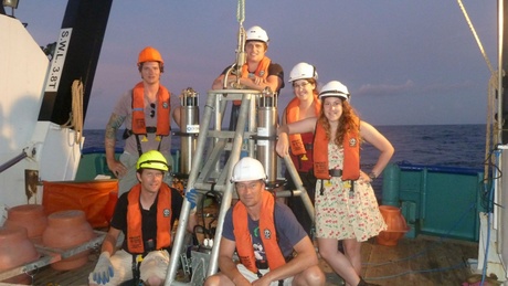 The scientific team from voyage with one of the deep sea landers. Clockwise from Alan Jamieson (in yellow hat), Thom Linley, Ryan Eustace, Mackenzie Gerringer, Heather Ritchie, Steve Bailey. Photo copyright of Oceanlab, University of Aberdeen, UK