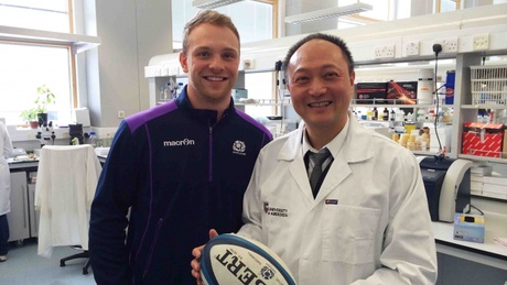 Scotland Rugby player Greig Tonks with Dr Wenlong Huang of the University of Aberdeen
