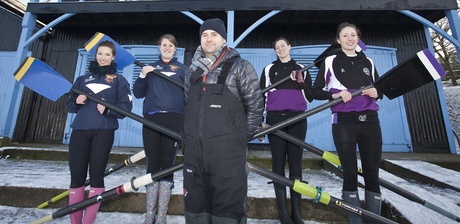 High Performance Rowing Coach Michael Hughes with (from L-R) Jamie Steel, Catriona Bain, Iona Riley and Emily Geddes