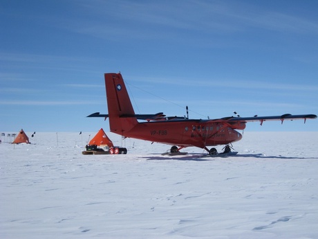 A British Antarctica Survey Twin Otter Aircraft - on which the radar system used in the survey was mounted – at a field camp in West Antarctica 