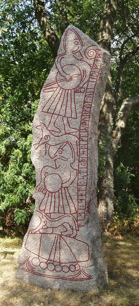 The Ledberg runestone from the province of Östergötland in Sweden, with many drawings on the stone representing viking myths 