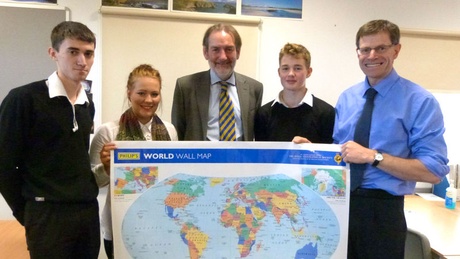 Prof Ian Diamond (centre) and Neil Morrison (right) with Geography pupils at Portlethen Academy